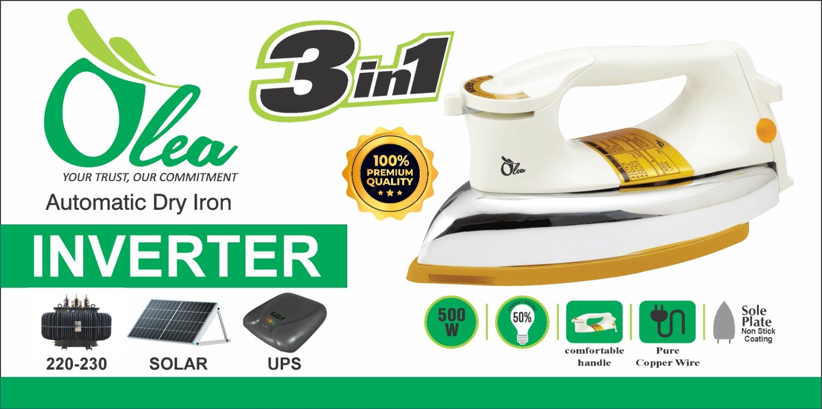 Olea 3-in-1 Inverter Automatic Dry Iron — 220-230V, Solar, UPS